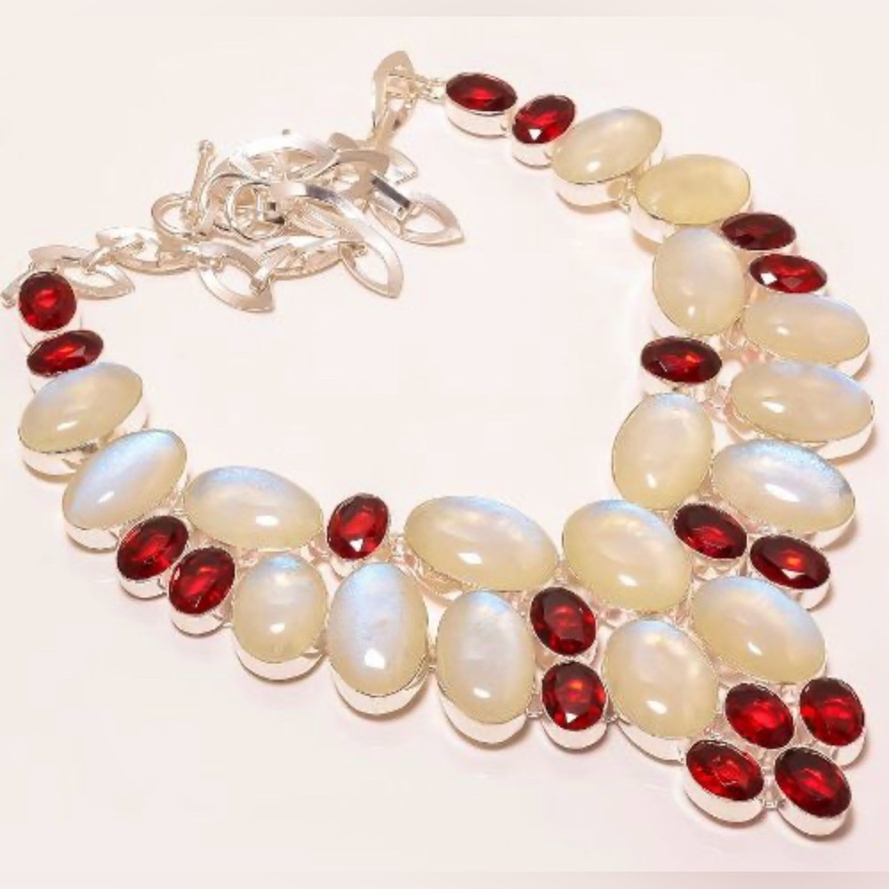 Rainbow Moonstone and Synthetic Red Garnet Necklace